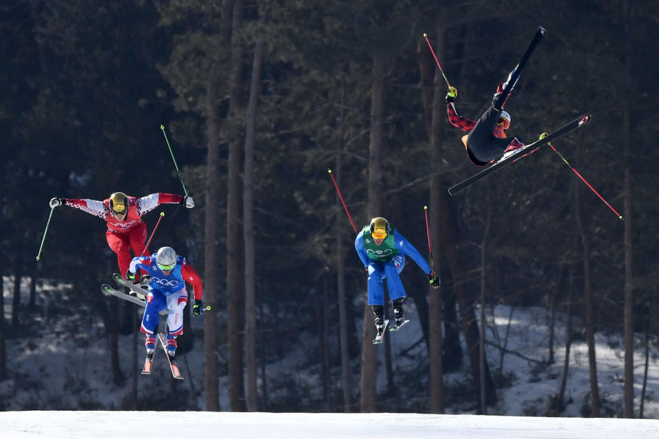 <p>Christopher Delbosco of Canada crashes in the Freestyle Skiing Men’s Ski Cross 1/8 finals on day 12 of the PyeongChang 2018 Winter Olympic Games at Phoenix Snow Park on February 21, 2018 in Pyeongchang-gun, South Korea. (Photo by David Ramos/Getty Images) </p>