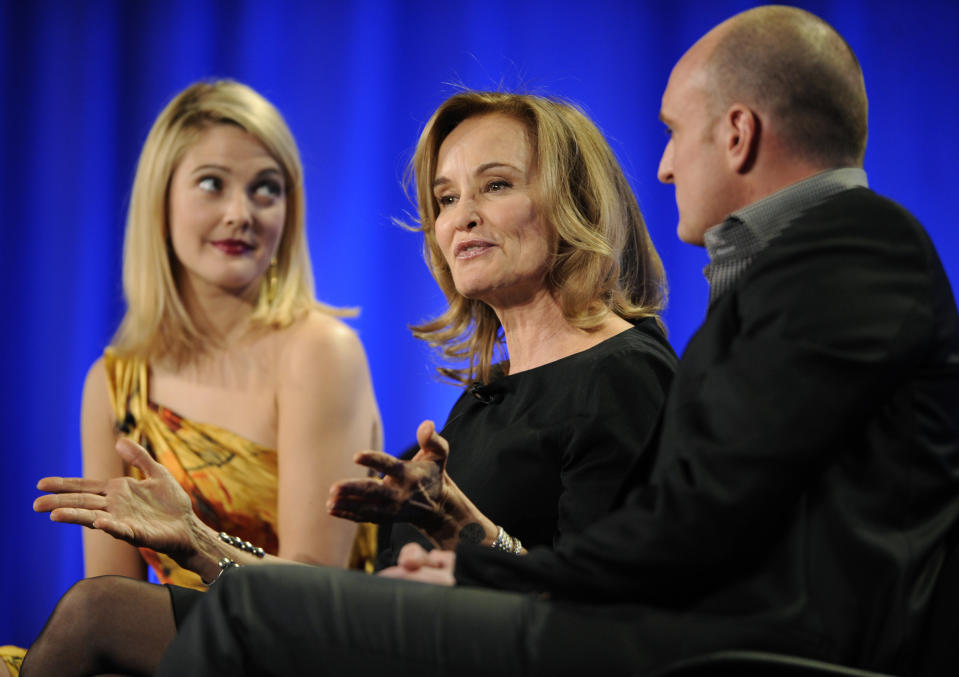 Actresses Drew Barrymore (L), Jessica Lange (C) and writer and director Michael Sucsy (R) answer questions during the HBO panel for the film "Grey Gardens" at the Television Critics Association winter press tour in Los Angeles January 9, 2009. REUTERS/Phil McCarten (UNITED STATES)