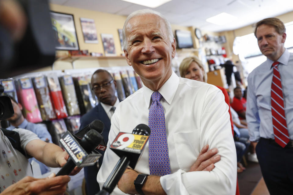 FILE - In this June 29, 2018, file photo, former Vice President Joe Biden speaks to the media in Cincinnati. Home to the first-in-the-South primaries, South Carolina is accustomed to the parade of presidential candidates who frequent the state in hopes of boosting their national credibility. But, with eager Democrats’ open 2020 contest, that competition has begun here early, with candidates lining up visits with a frequency accelerated from years past. Biden, who has said it’ll be at least January before he decides about 2020, has been keeping an elevated profile in South Carolina this midterm cycle, even for him (AP Photo/John Minchillo, File)