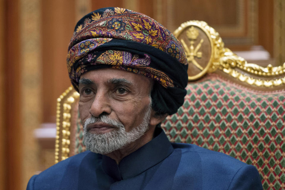 File - In this Oman, Monday, Jan. 14, 2019 file photo, Sultan of Oman Qaboos bin Said al-Said sits during a meeting with Secretary of State Mike Pompeo at the Beit Al Baraka Royal Palace in Muscat. Oman’s Sultan Qaboos bin Said, the Mideast's longest-ruling monarch who seized power in a 1970 palace coup and pulled his Arabian sultanate into modernity while carefully balancing diplomatic ties between adversaries Iran and the U.S., has died. He was 79. (Andrew Caballero-Reynolds/Pool Photo via AP, File)