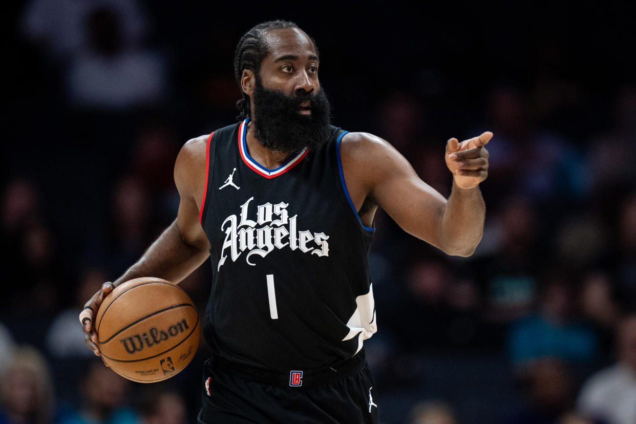 CHARLOTTE, NORTH CAROLINA - MARCH 31: James Harden #1 of the LA Clippers brings the ball up court against the Charlotte Hornets during their game at Spectrum Center on March 31, 2024 in Charlotte, North Carolina. NOTE TO USER: User expressly acknowledges and agrees that, by downloading and or using this photograph, User is consenting to the terms and conditions of the Getty Images License Agreement. (Photo by Jacob Kupferman/Getty Images)