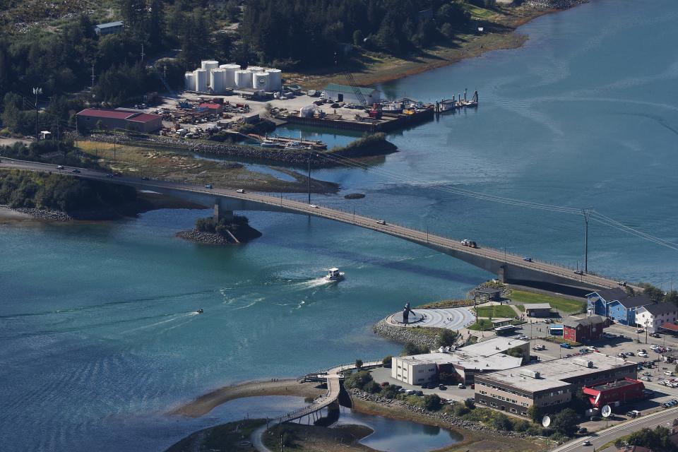 A mountain view of downtown Juneau and the Gastineau Channel in Juneau, Alaska, on Aug. 27, 2023.