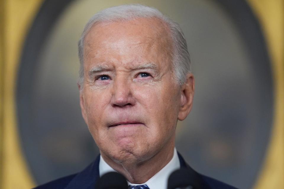 President Joe Biden speaks in the Diplomatic Reception Room of the White House, Tuesday, Feb. 8, 2024, in Washington.