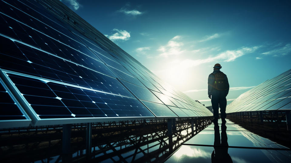 A solar array, reflecting the sun's rays, with a technician in the foreground.