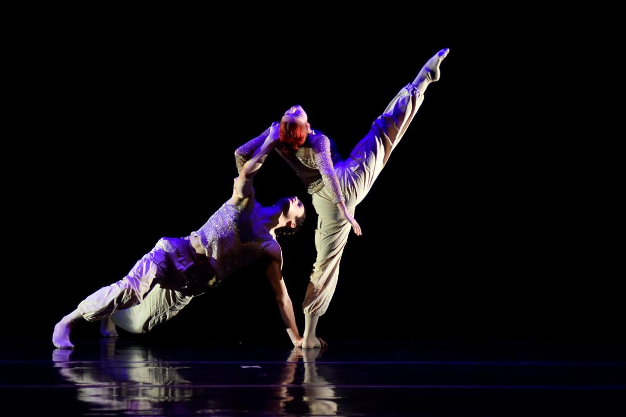 Matthew Saggiomo, left, and Ahna Bonnette perform in GroundWorks contemporary DanceTheater, which will give its penultimate performances Aug. 2-3 in the Heinz Poll Summer Dance Festival at Firestone Park.