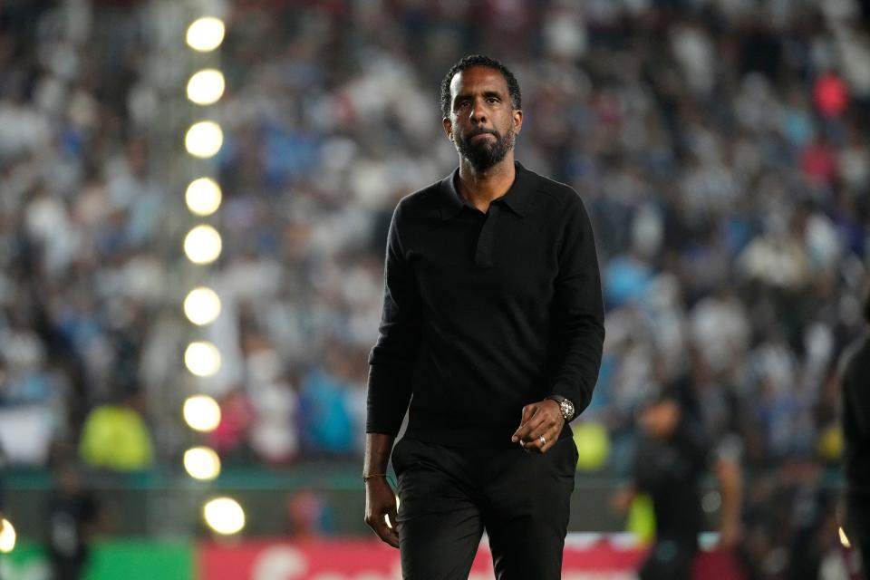 Jun 1, 2024; Pachuca, Hidalgo, Mexico; Columbus Crew head coach Wilfried Nancy reacts after the match against CF Pachuca in the 2024 CONCACAF Champions Cup Championship at Estadio Hidalgo. Mandatory Credit: Adam Cairns-USA TODAY Sports