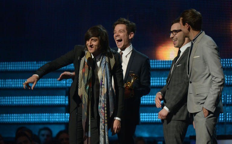 fun. receive their Grammy for Song of the Year at the Staples Center during the 55th Grammy Awards in Los Angeles, California, February 10, 2013