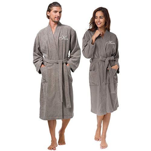 24) AW BRIDAL Terry Cloth Robes for Men and Women Cotton Kimono Robes Warm Soft Couple Robe Sets, Grey Embroidery His and Her Hotel Spa Robes