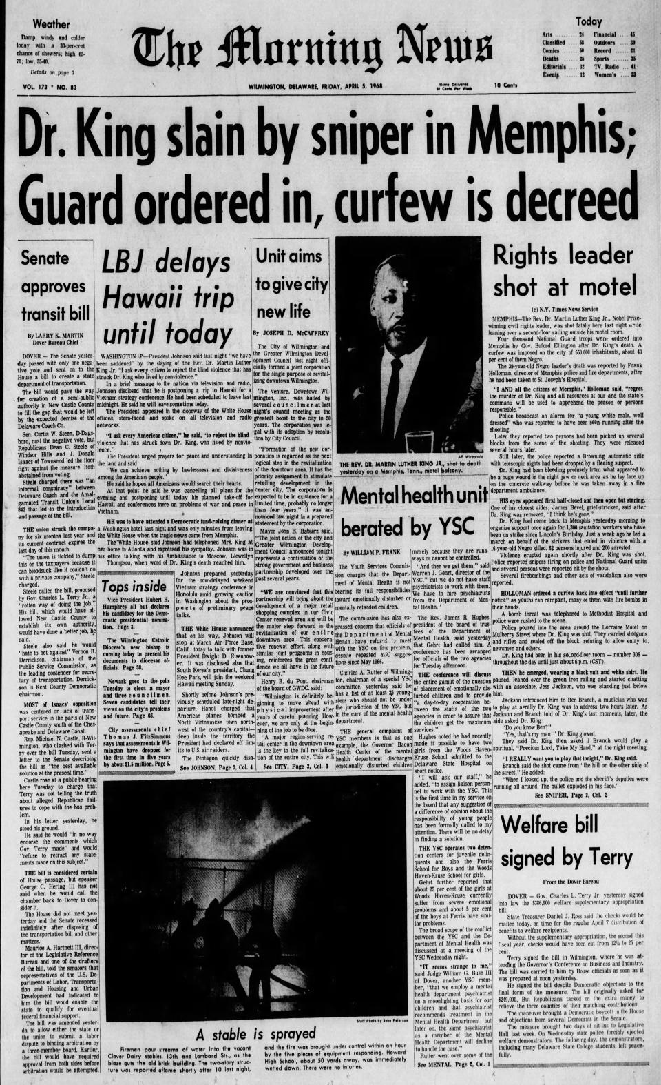 Front page of The Morning News from April 5, 1968.