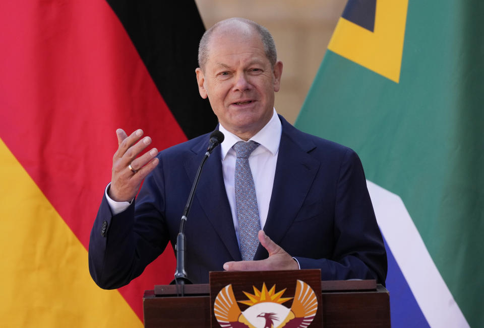 German Chancellor Olaf Scholz speaks during a joint media conference with South Africa President Cyril Ramaphosa at the Union Building in Pretoria, South Africa, Tuesday, May 24, 2022. (AP Photo/Themba Hadebe)