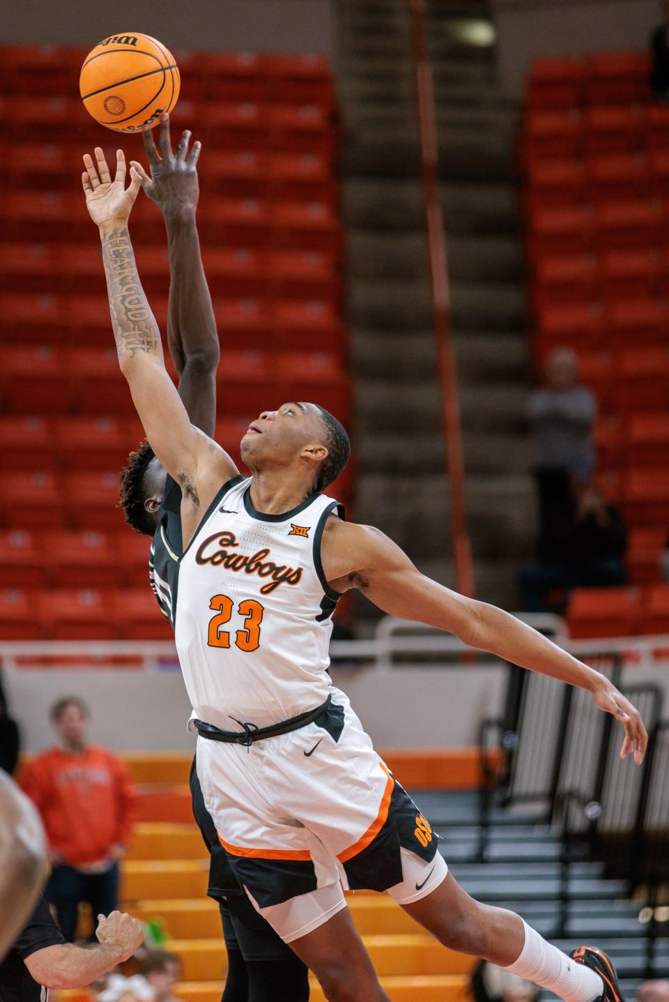Feb 28, 2024; Stillwater, Oklahoma, USA; Oklahoma State Cowboys center Brandon Garrison (23) in action at Gallagher-Iba Arena. Mandatory Credit: William Purnell-USA TODAY Sports