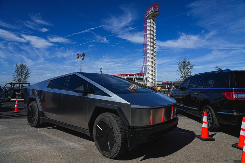 A Tesla Cybertruck is parked outside the 44 Club during the Formula 1 Lenovo United States Grand Prix at Circuit of Americas on Sunday Oct. 22, 2023.