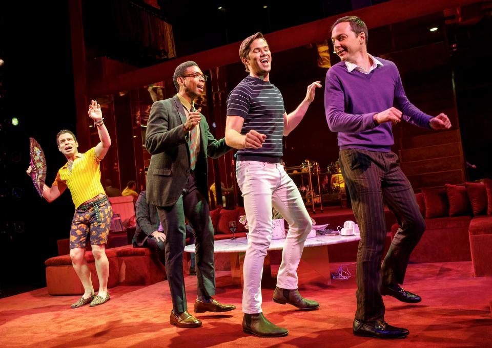 Robin de Jes&uacute;s, Michael Benjamin Washington, Andrew Rannells and Jim Parsons in "The Boys in the Band." (Photo: Joan Marcus)