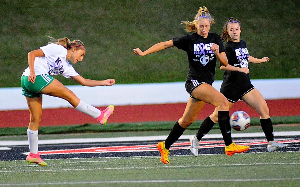West Branch's Chloe Dennison, left, scores the first goal of the Eastern Buckeye Conference match against Salem at Sebo Stadium on Wednesday, October 5, 2022.