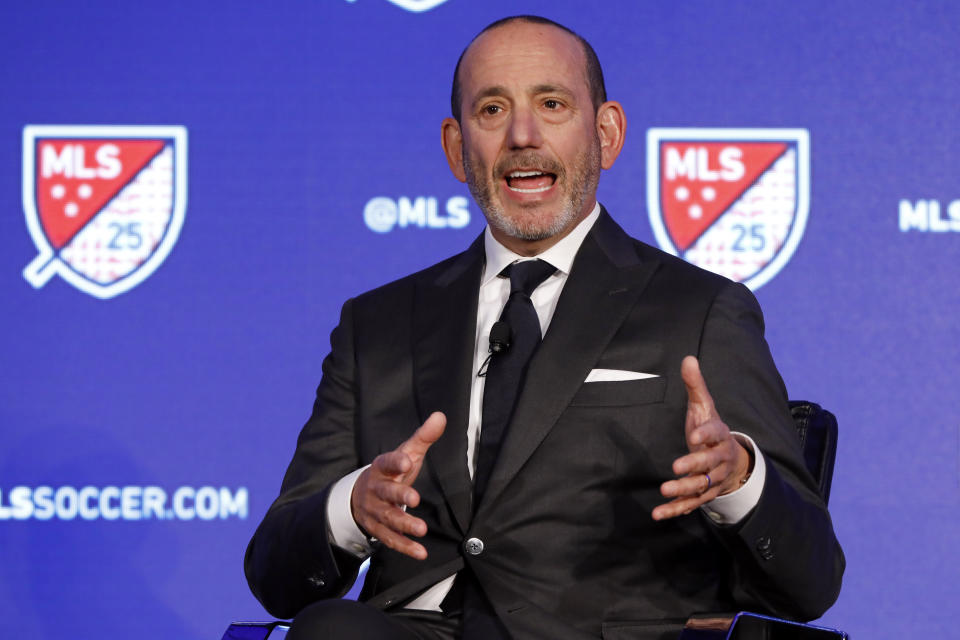 Major League Soccer Commissioner Don Garber speaks during the Major League Soccer 25th Season kickoff event in New York, Wednesday, Feb. 26, 2020. (AP Photo/Richard Drew)