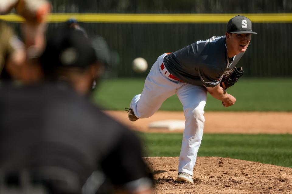Tyler Ball pitches for Skyridge in a high school baseball game against Lone Peak in Lehi on Tuesday, May 2, 2023. | Spenser Heaps, Deseret News