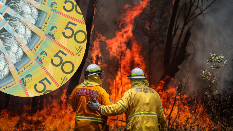 Volunteer firefighters battle Australian bushfires, Australian cash. Images: Getty