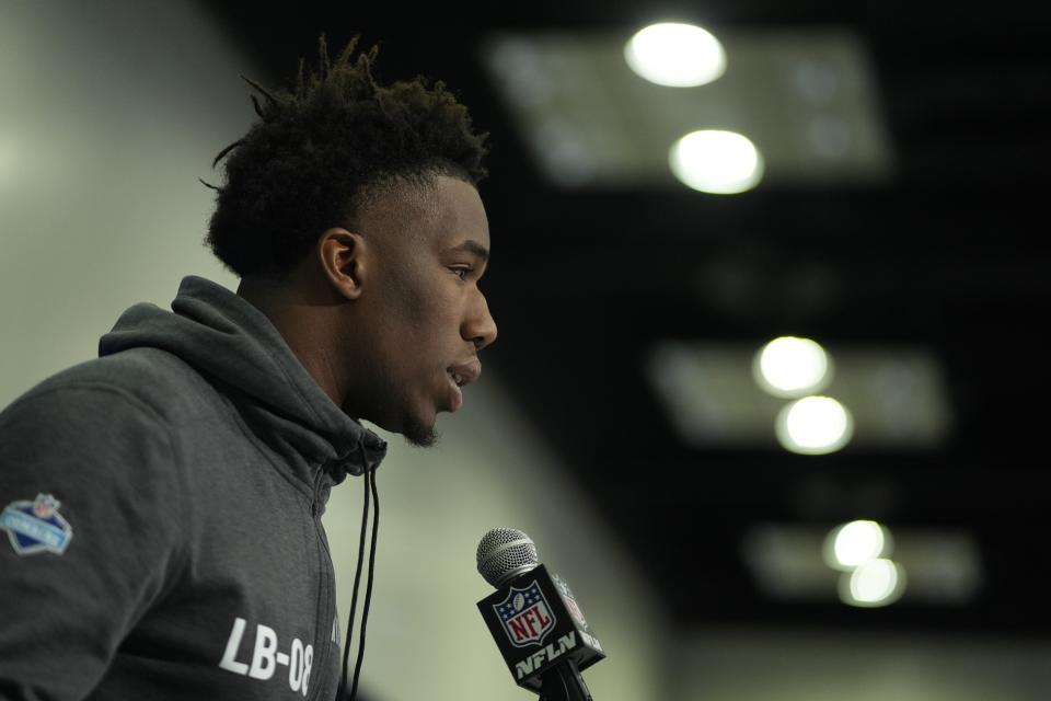 Texas A&M linebacker Edgerrin Cooper speaks during a news conference at the NFL football scouting combine, Wednesday, Feb. 28, 2024, in Indianapolis. (AP Photo/Darron Cummings)