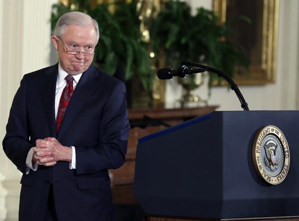 Attorney General Jeff Sessions speaks at the Public Safety Medal of Valor awards ceremony in the East Room of the White House, Feb. 20, 2018. (AP Photo: Evan Vucci/AP)