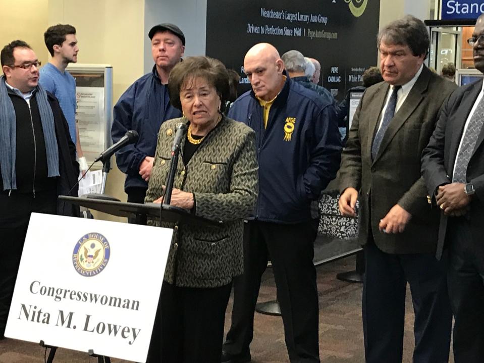 U.S. Rep. Nita Lowey, Vincent Castellano Sr.  (center) of the American Federation of Government Employees, and Westchester County Executive George Latimer speak about the effects of the federal government shutdown on airport workers.