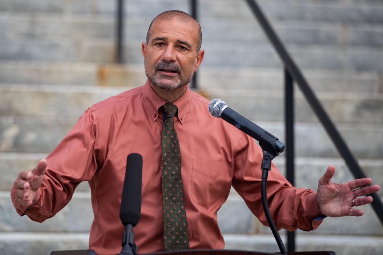 Leon County School Superintendent Rocky Hanna speaks at a press conference for the launch of a website with mental health resources and warnings about violent video games and addiction on steps of the Historic Capitol on Monday, June 12, 2023. 