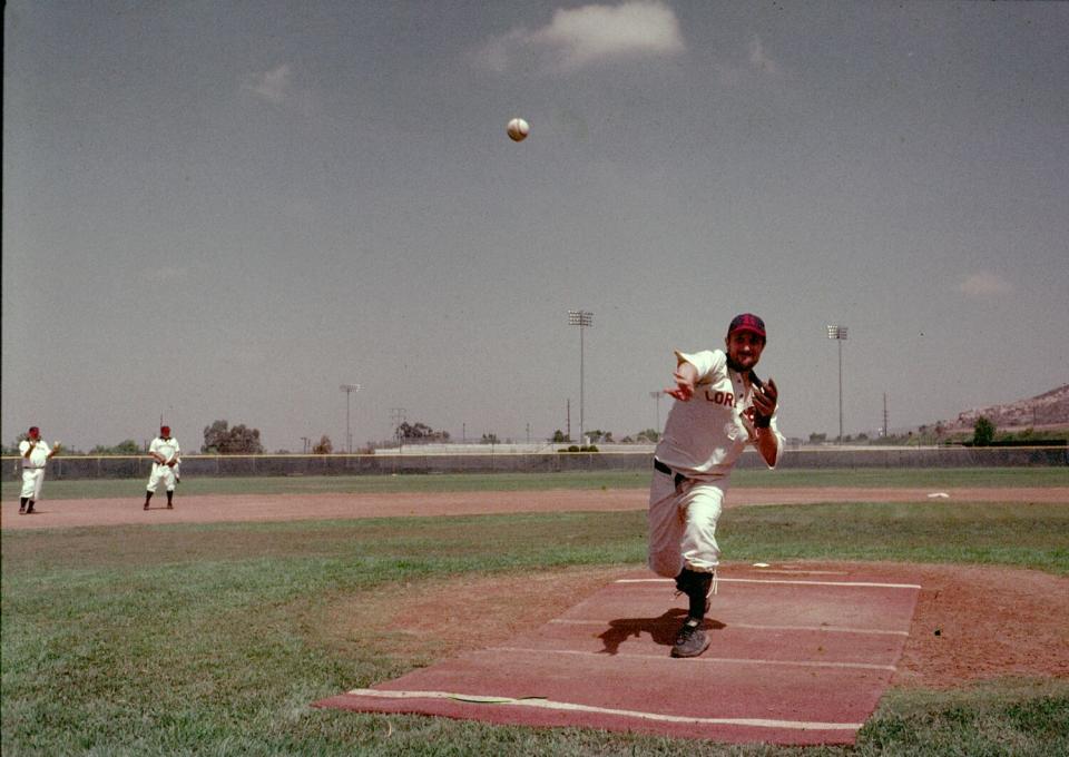 Lordsburg Trolleyman Mark "French" Groulx warms up to pitch against the Perris Prospectors.