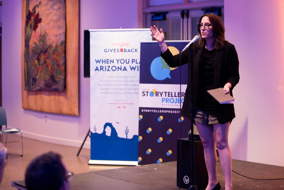 Host Megan Finnerty warms up the crowd and introduces storytellers during Arizona Storytellers Project presents Searching at the Desert Botanical Garden in Phoenix on Thursday, Sep. 13, 2018.