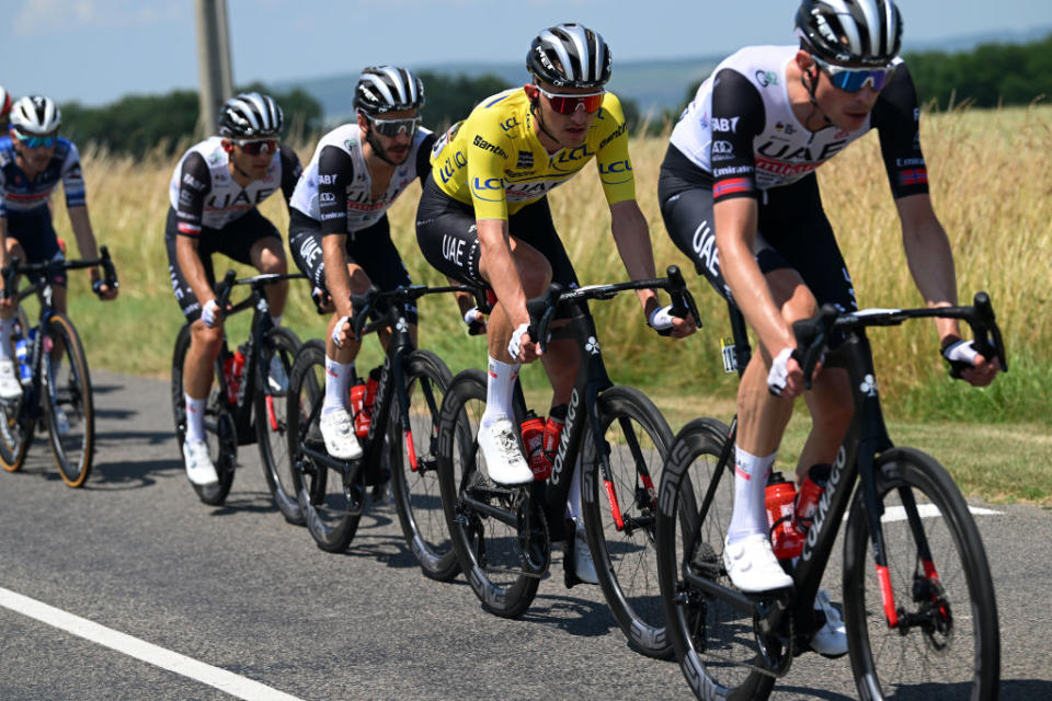 SALINSLESBAINS  JUNE 08 Mikkel Bjerg of Denmark and UAE Team Emirates  Yellow leader jersey competes during the 75th Criterium du Dauphine 2023 Stage 5 a 1911km stage from CormoranchesurSane to SalinslesBains  UCIWT  on June 08 2023 in SalinslesBains France Photo by Dario BelingheriGetty Images