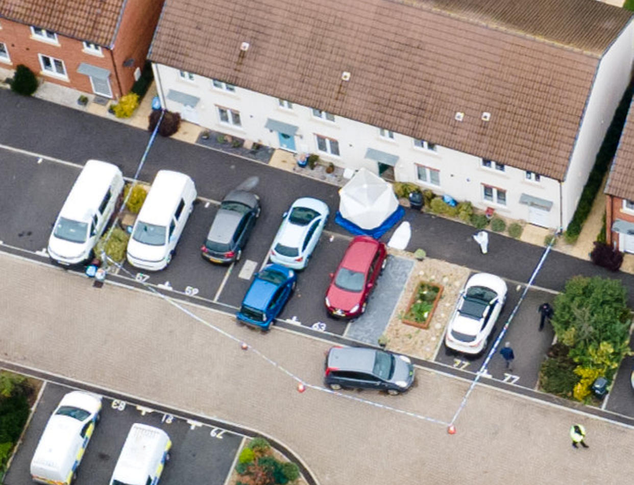 Aerial view of the scene in Dragon Rise, Norton Fitzwarren, Somerset where police continue to investigate the murder of Stephen and Jenny Chapple in front of their two young children.