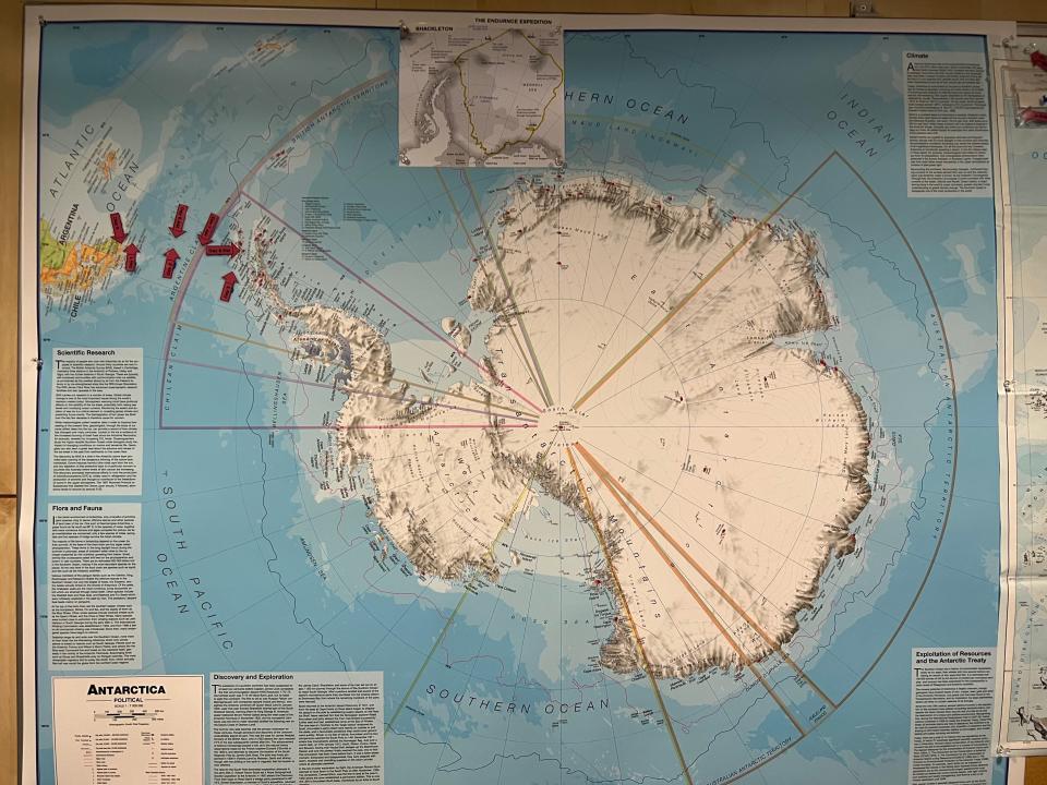 The map of sites we'd landed in Antarctica, and some we hoped to go to but were unable.