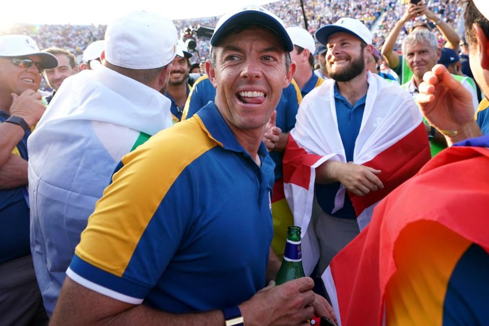 Rory McIlroy celebrates after Europe regained the Ryder Cup (Zac Goodwin/PA) (PA Wire)