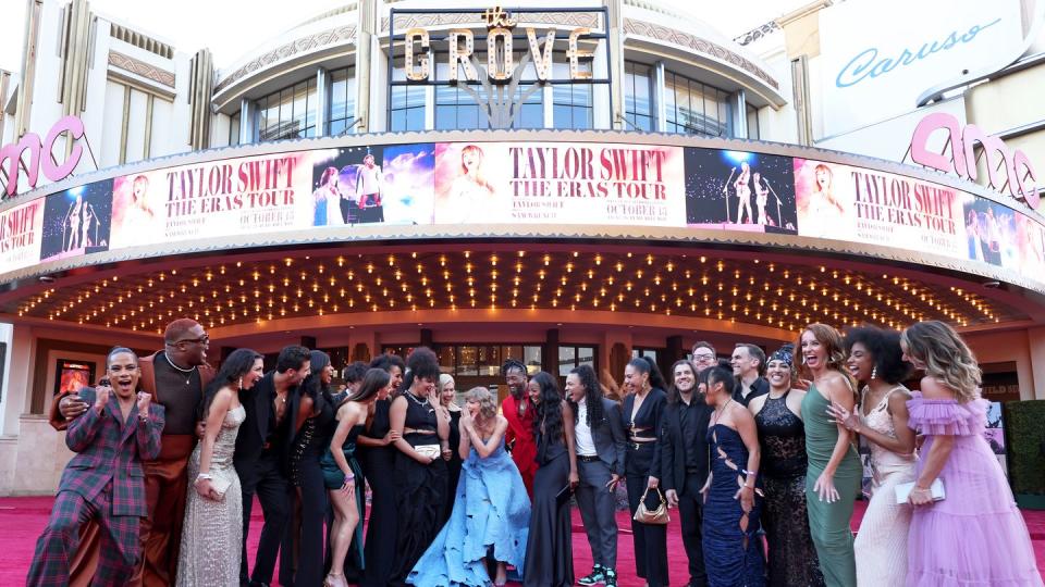 los angeles, california october 11 taylor swift c with dancers and band attend the taylor swift the eras tour concert movie world premiere at amc the grove 14 on october 11, 2023 in los angeles, california photo by john shearergetty images for tas