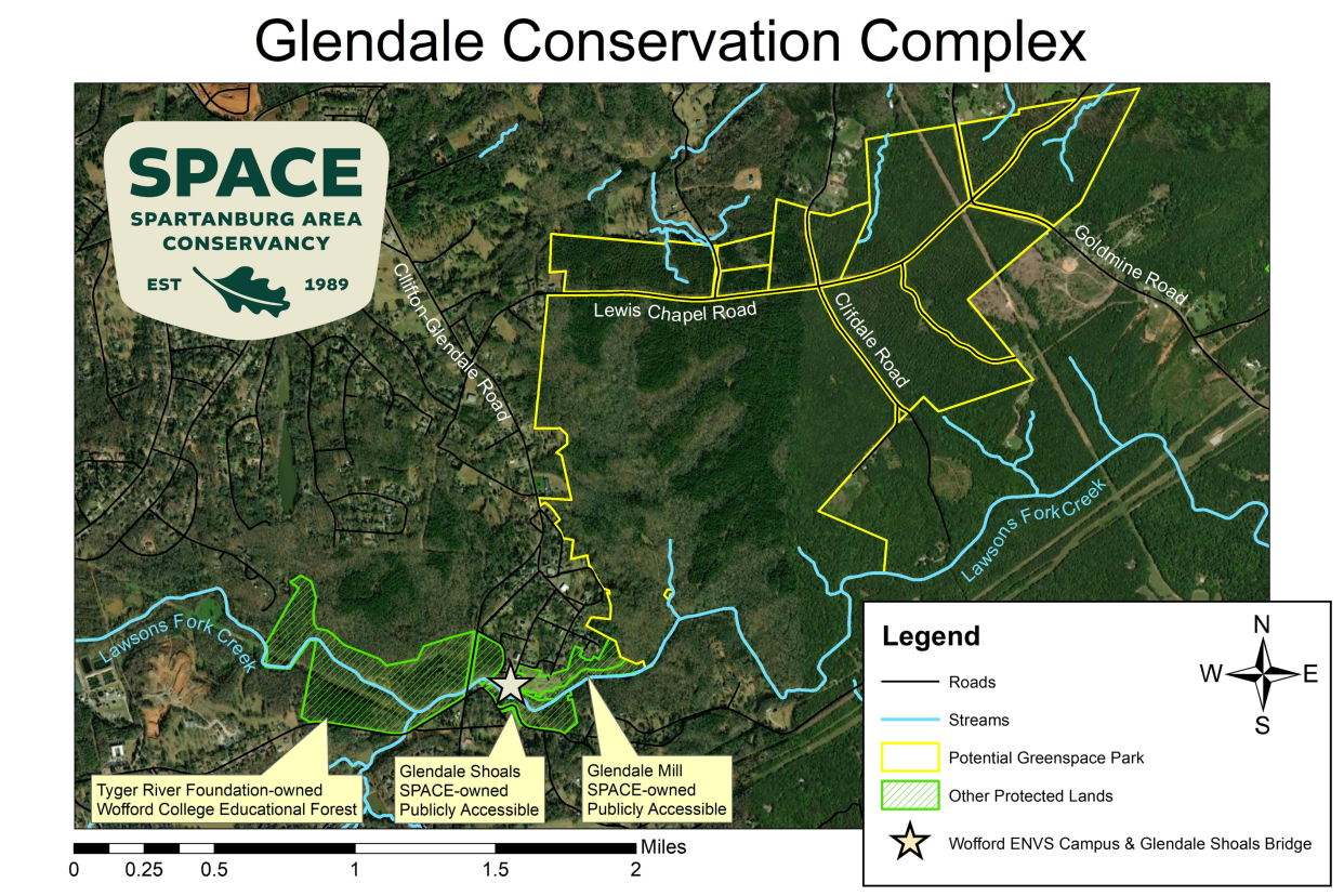 This map shows the current Glendale Shoals Preserve, in dashed green lines, and the 945 acres SPACE and Spartanburg County hope to acquire outlined in yellow.