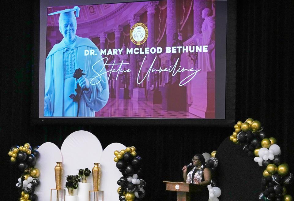 Volusia County residents watch the unveiling of the historic Mary McLeod Bethune statue with hometown pride at a live-streamed watch-party on Wednesday at Bethune-Cookman University in Daytona Beach.