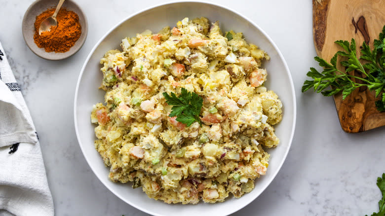 seafood potato salad in bowl