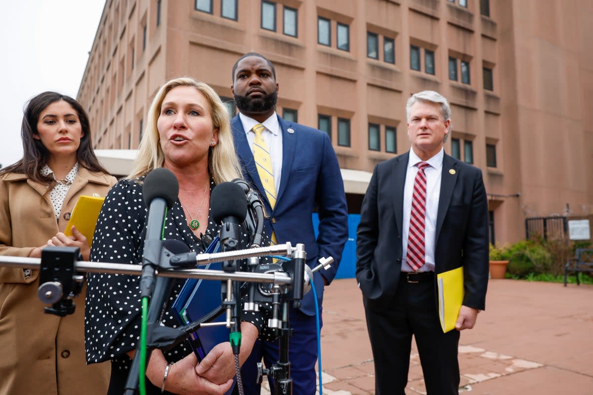 Marjorie Taylor Greene speaks alongside Anna Paulina Luna, Byron Donalds and Mike Collins outside the DC Department of Corrections on March 24, 2023 (Getty Images for Congressional I)