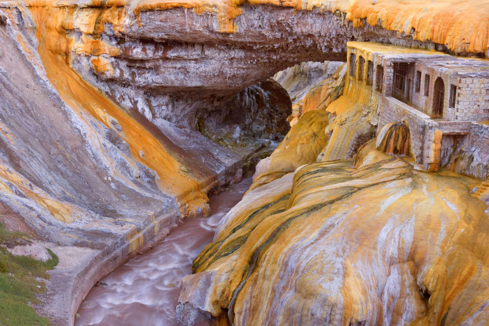 <b>Puente del Inca, Argentine</b><br> Ce tapis de bactéries orange et jaune a été créé par des dépôts de souffre. <br> (Photo: Steffen et Alexandra Sailer/Ardea/Caters News)