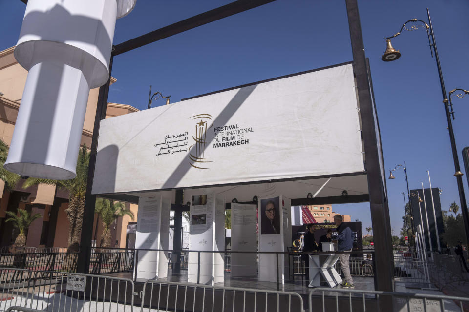 A view of the venue where the Marrakech International Film Festival is being held, ahead of the opening ceremony in Marrakech, Morocco, Friday, Nov. 24, 2023. International movie stars arrive in Morocco on Friday to kick off one of the Arab world's largest film festivals amid a shadow cast by Israel's latest war with Hamas and protests that have swept the region for almost two months. (AP Photo/Mosa'ab Elshamy)