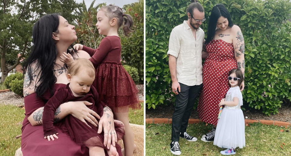 A photo of Hayley with her two children. Another of her with one of her children and her partner.