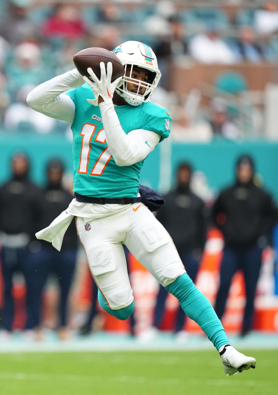 Jaylen Waddle en route to an 84-yard touchdown against Green Bay in December.