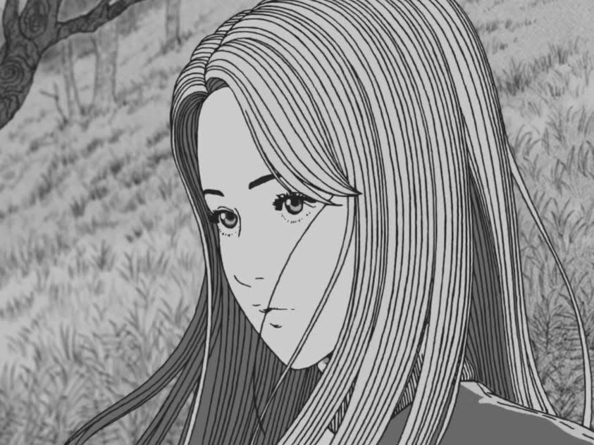 kyrie in uzumaki, her hair softly blowing in the wind. the animated image has a manga-like quality to it, drawn in a black and white style