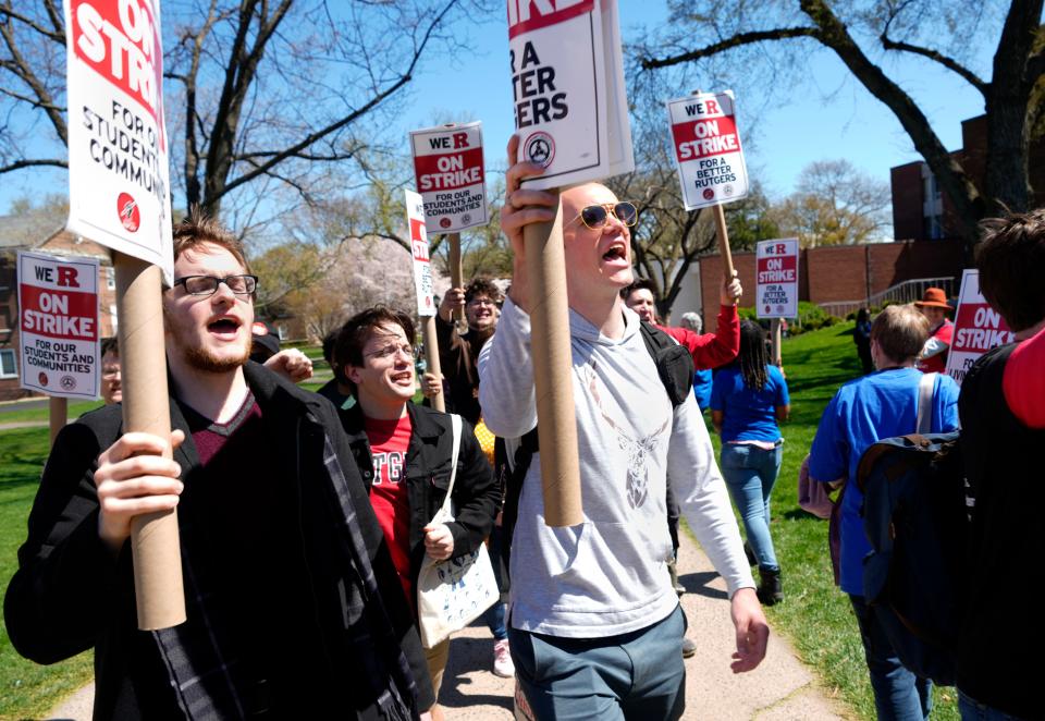 Hundreds rallied on the campus of Rutgers University, in New Brunswick for a contract. Monday, April 10, 2023 