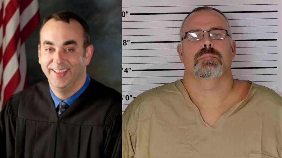 District Judge Kevin Mullins (left) was fatally shot Thursday. Sheriff Shawn Mickey Stines (right) was charged with first-degree murder in Mullins' death. (Letcher County Government; Leslie County Detention Center)