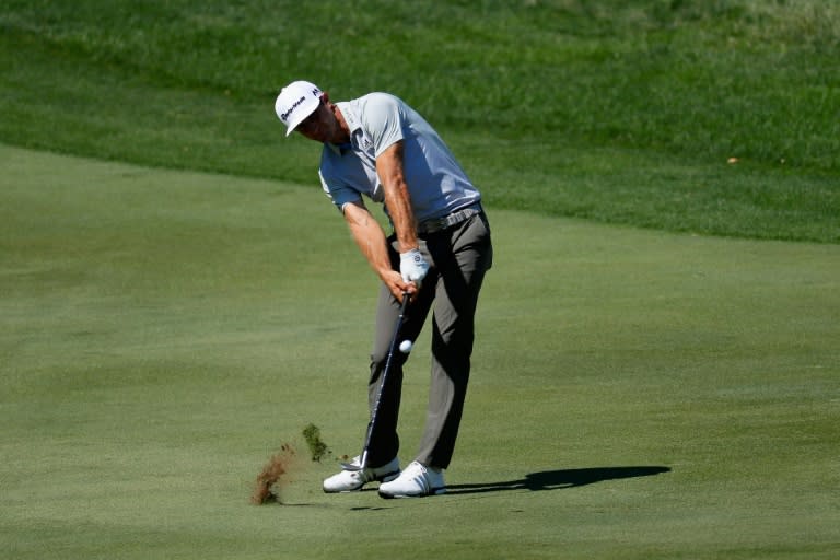 Dustin Johnson of the United States plays a shot during a practice round prior to the 2016 PGA Championship at Baltusrol Golf Club on July 27, 2016 in Springfield, New Jersey