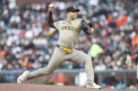 San Diego Padres pitcher Michael King throws to a San Francisco Giants batter during the first inning of a baseball game in San Francisco, Saturday, April 6, 2024. (AP Photo/Kavin Mistry)