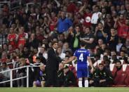 Britain Football Soccer - Arsenal v Chelsea - Premier League - Emirates Stadium - 24/9/16 Chelsea's Cesc Fabregas with manager Antonio Conte as he is substituted Reuters / Dylan Martinez Livepic