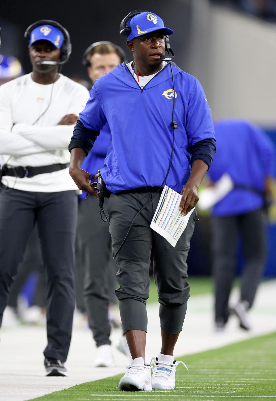 INGLEWOOD, CALIFORNIA - SEPTEMBER 12: Defensive coordinator Raheem Morris, on the sidelines during a 34-14 win over the Chicago Bears at SoFi Stadium on September 12, 2021 in Inglewood, California. (Photo by Harry How/Getty Images)