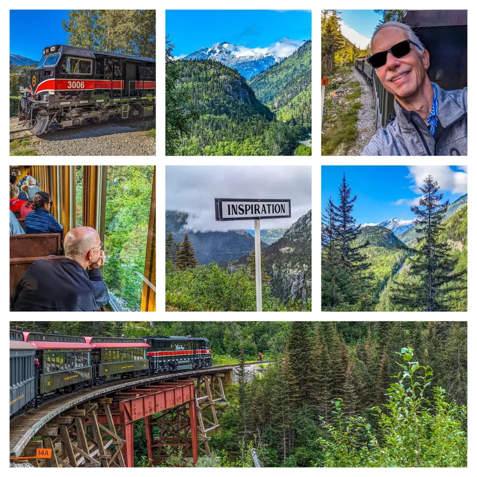 Collage of the train trip into the mountains including photos of the train, mountain vistas, Brent looking out the window, and Michael leaning outside the train.
