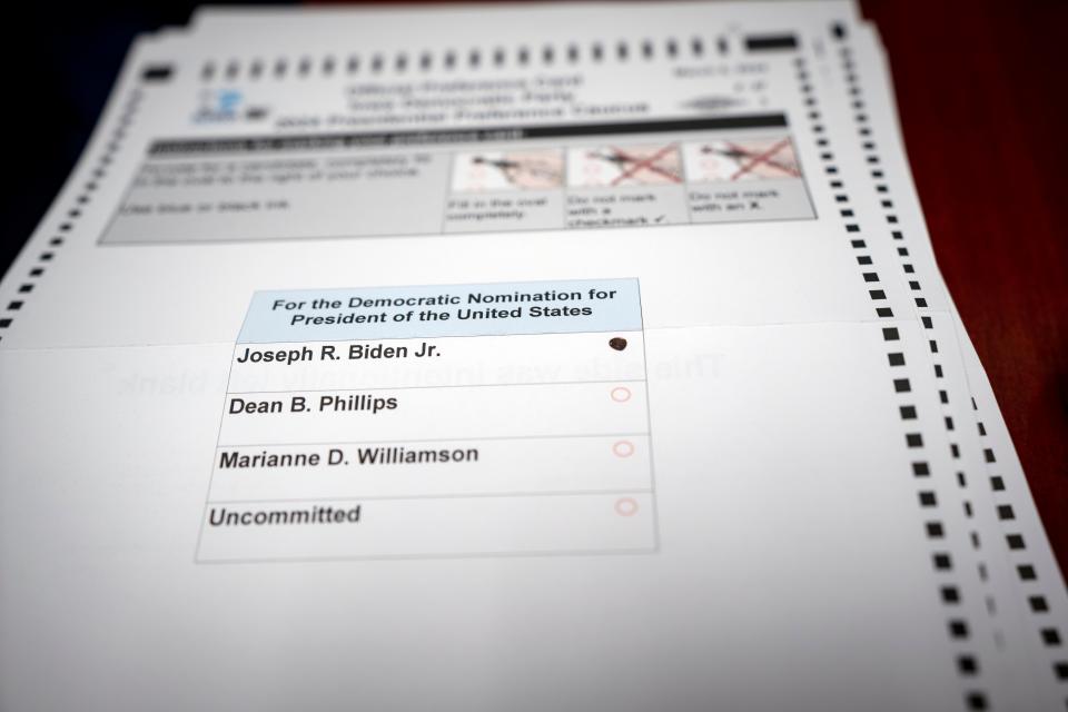 Presidential preference ballots for the Iowa Caucus are tabulated at the Iowa Democratic Party headquarters in Des Moines, Tuesday, March 5, 2024.