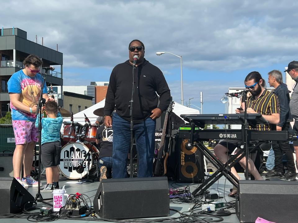 Eric B of Eric B and Rakim speaks on Sunday, May 21, during the Lakehouse Music Academy block party on Lake Avenue in Asbury Park.